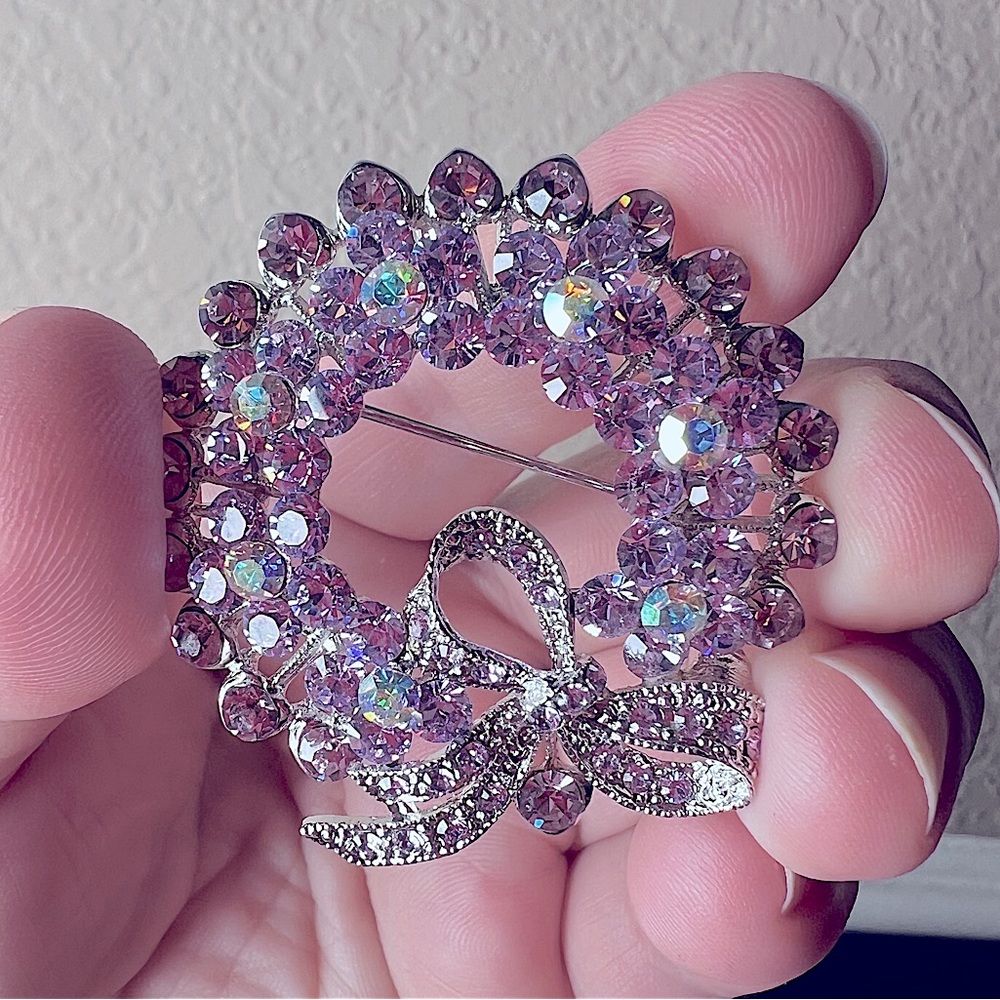 Vintage Lilac Rhinestone Sparkly Wreath Brooch Pin w Bow, Estate Jewelry, Granny
